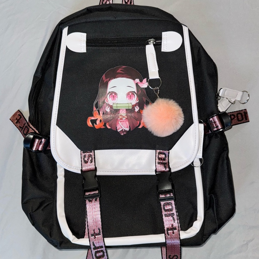 Stylish Anime Nezuko Black and White Backpack with Pink Accents